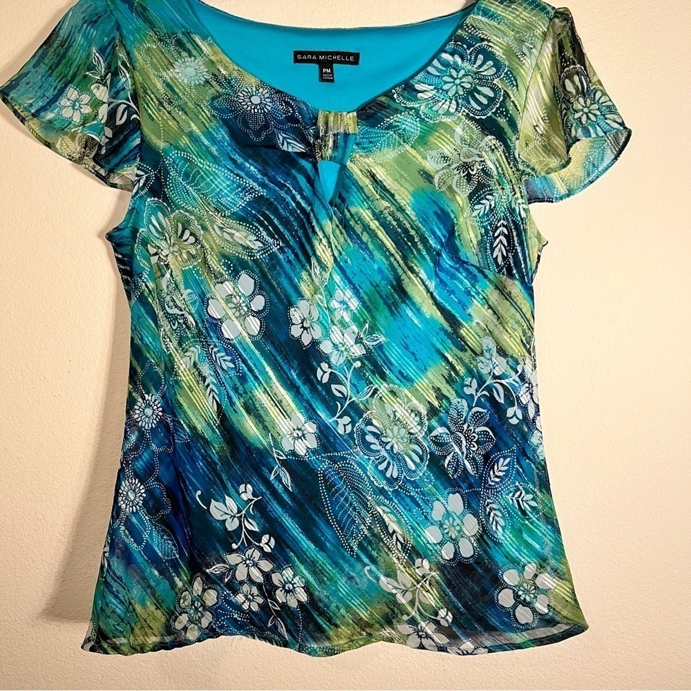Sara Michelle Petite Medium Blue Green Keyhole Blouse